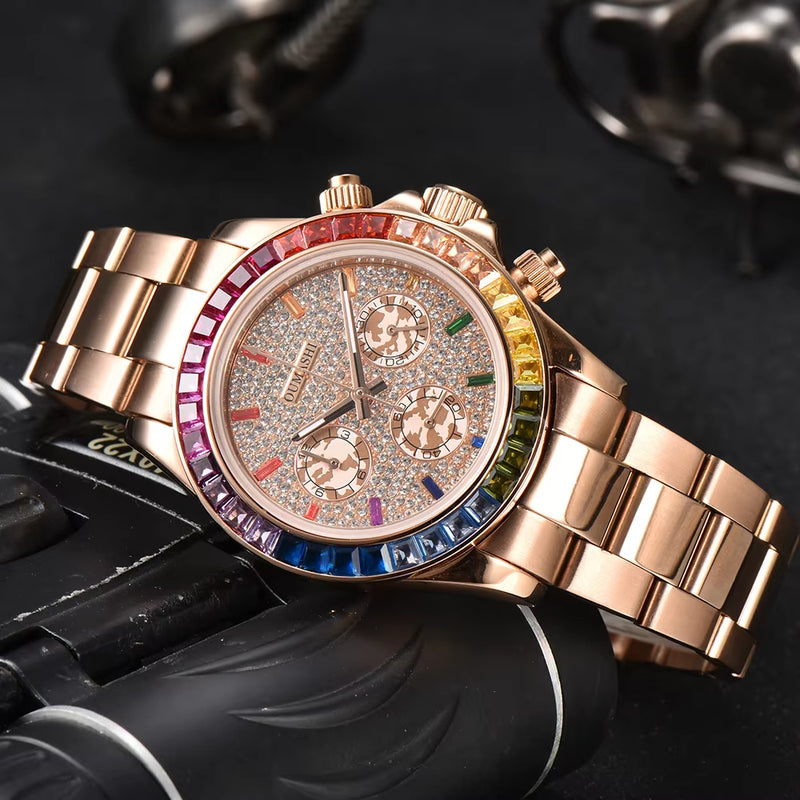 Luxury Men'S Watch Rose Gold Rainbow Watch VK63 Watch Sapphire Glass Waterproof Watch 39.3 Case Watch Support Customized Logo